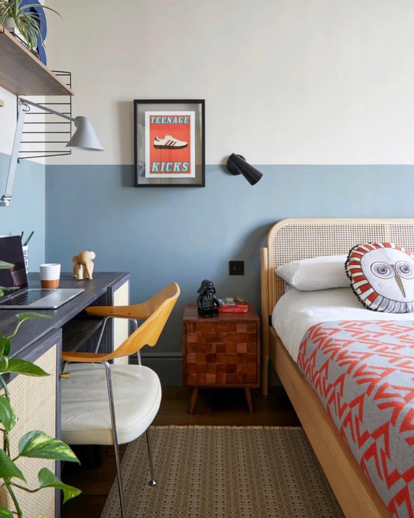 Mid-century modern bedroom with a two-tone wall