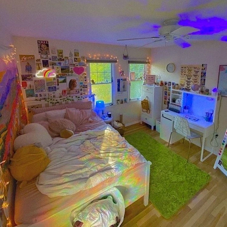 Colorful bedroom with rainbow light effect