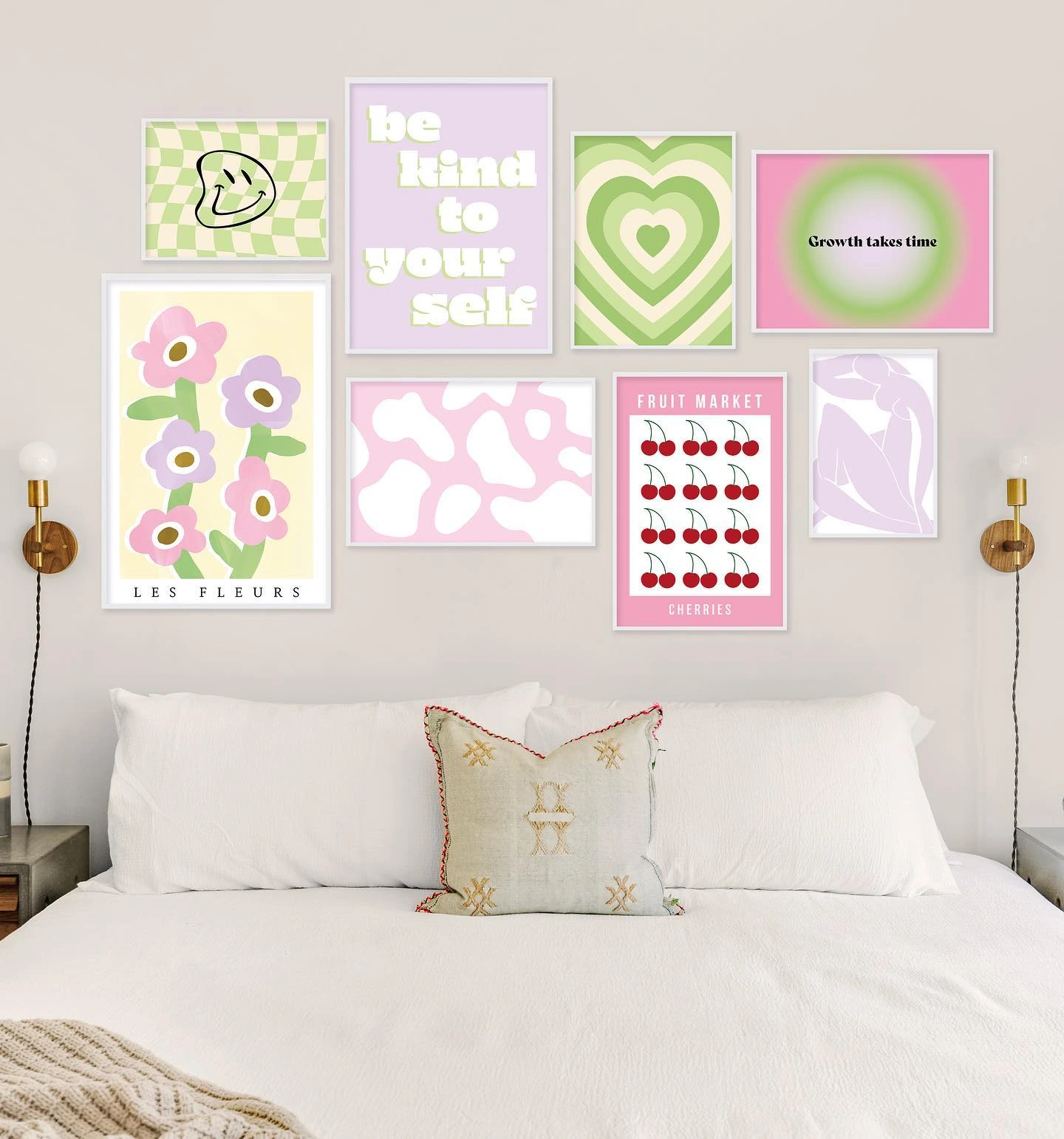 Gallery wall with pastel art prints