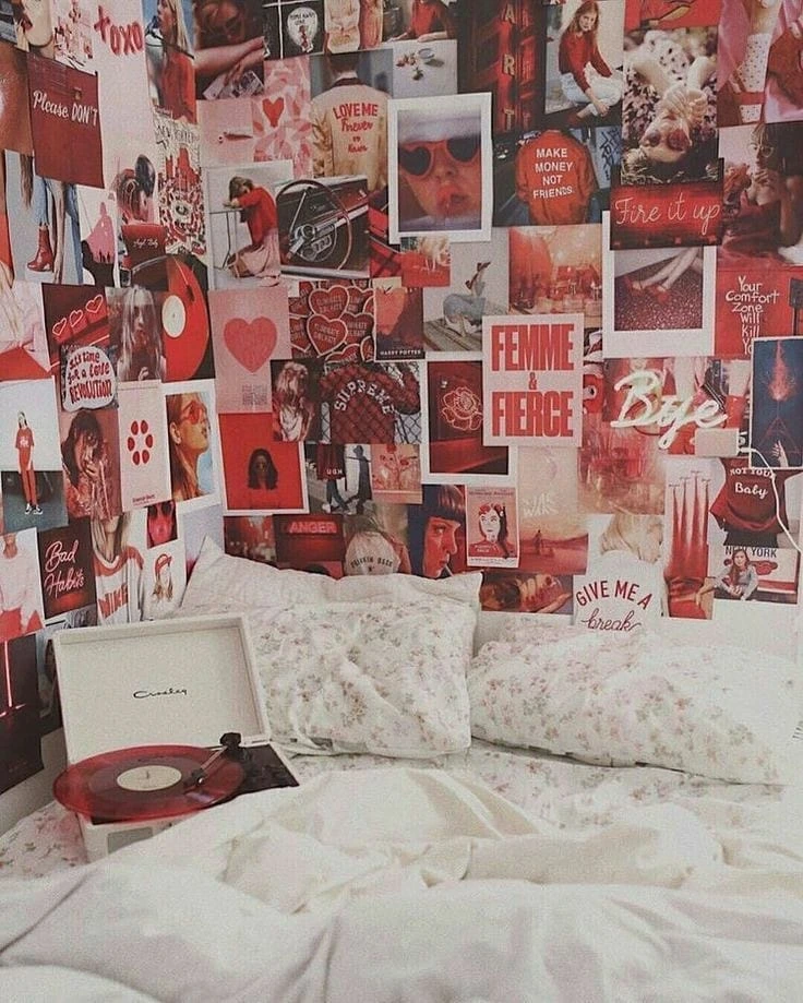 Red and pink collage wall with a record player