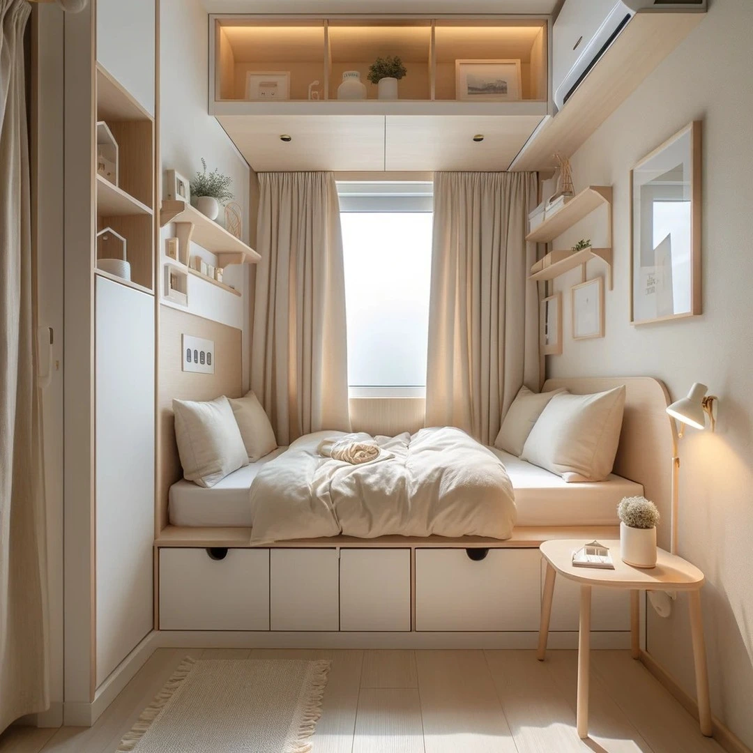 Minimalist bedroom with a platform bed, under-bed drawers, and floating shelves.