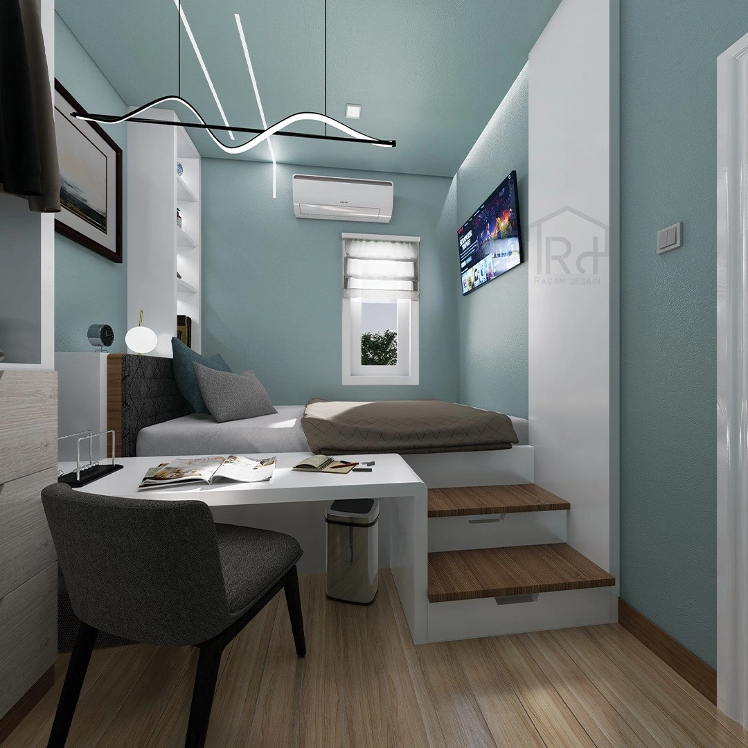 Small bedroom with an elevated bed, steps with storage, and a light blue wall.