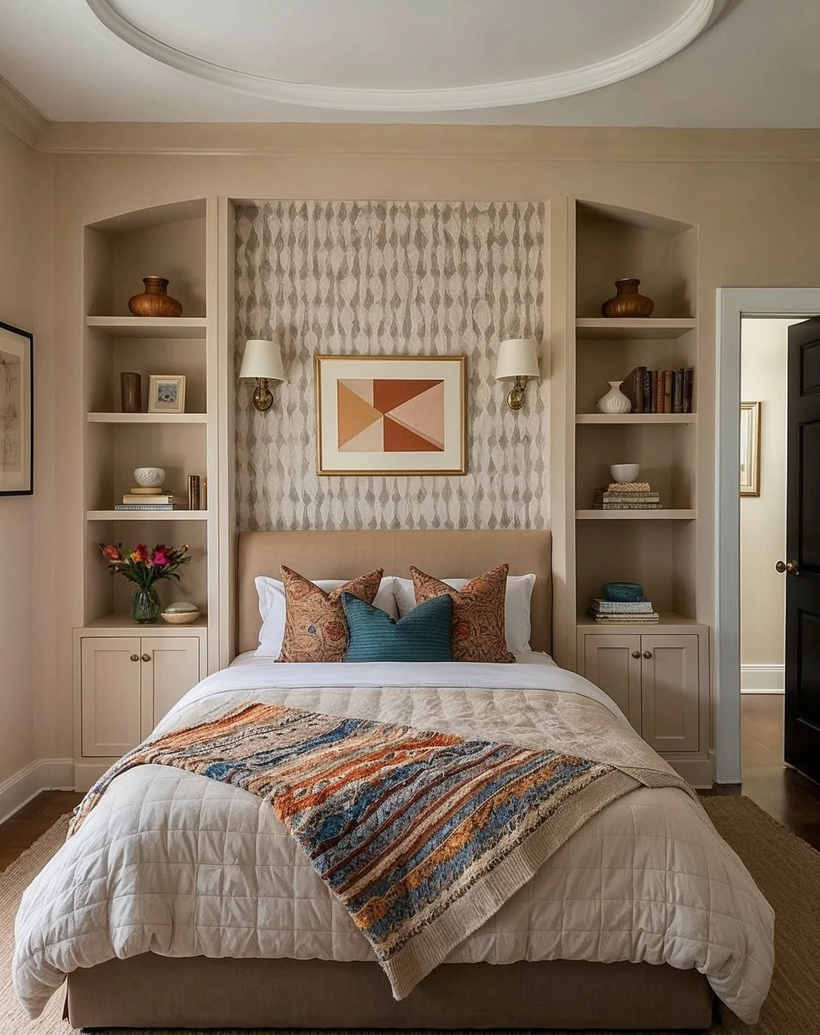 Cozy bedroom with a bed in an alcove, built-in shelves, and a colorful throw.