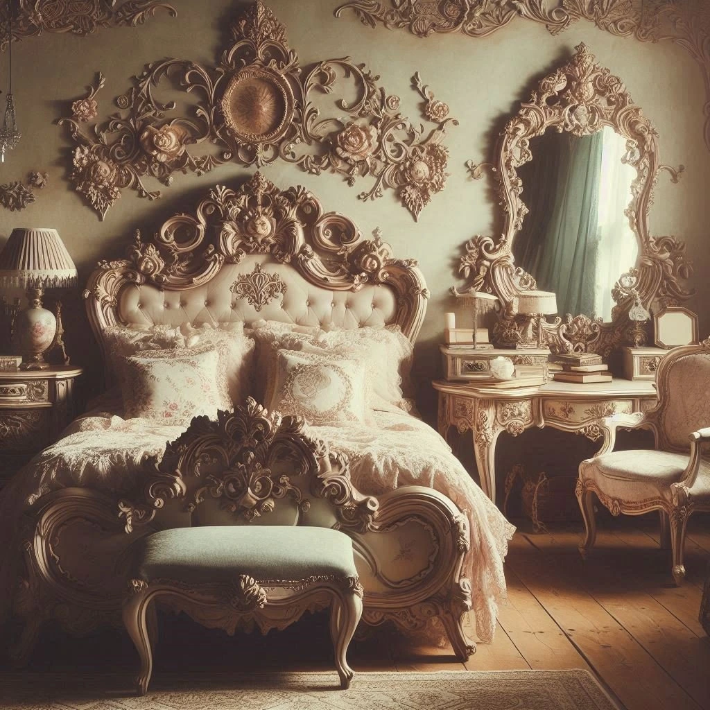 Ornate carved bed and furniture in a luxurious bedroom.  