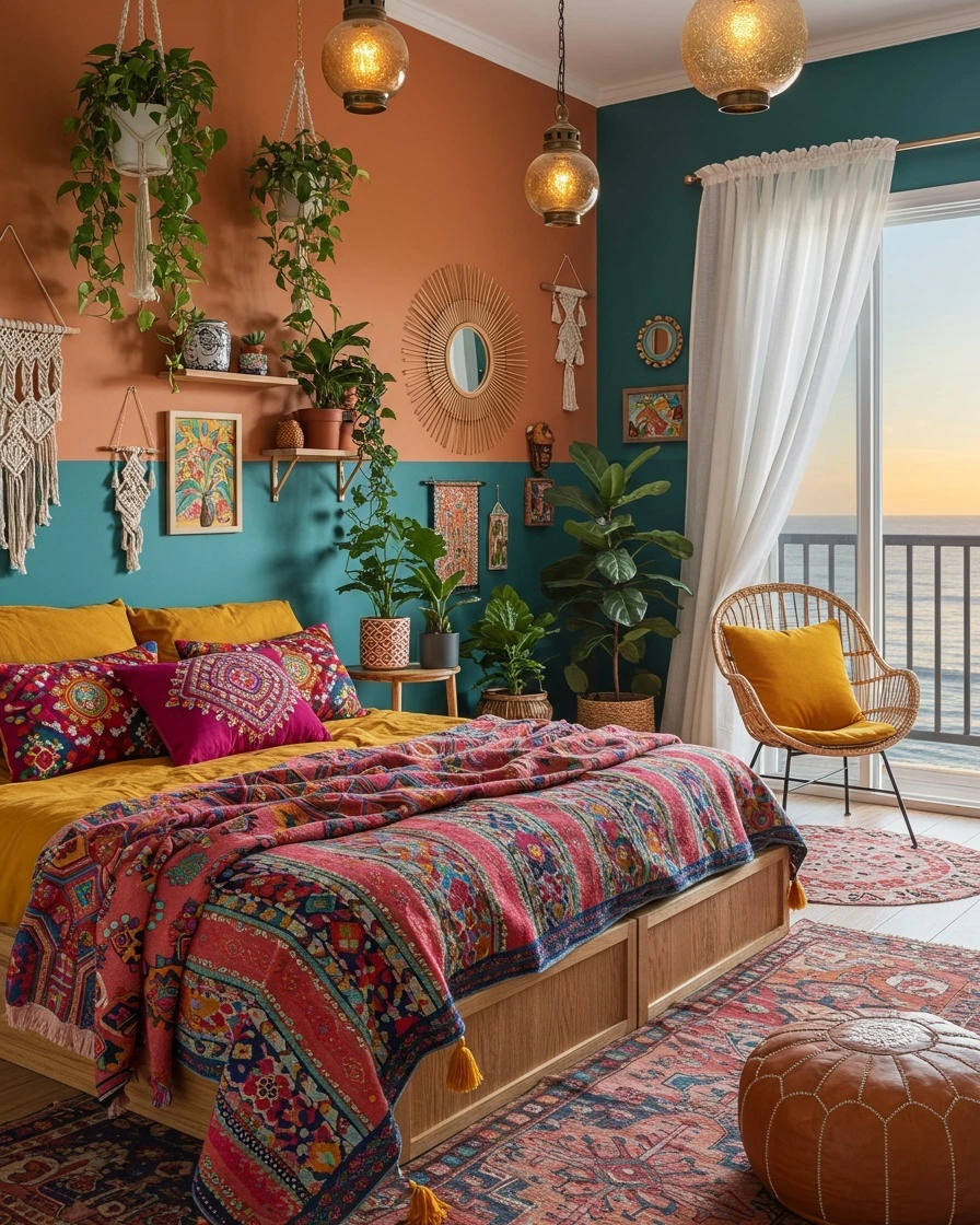 Boho Bedroom Ideas for Teens: Two-toned walls and layered textiles.