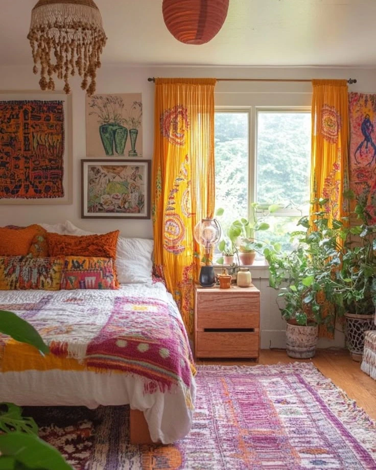 Boho Bedroom Ideas for Teens: Bright curtains and a fringed light.