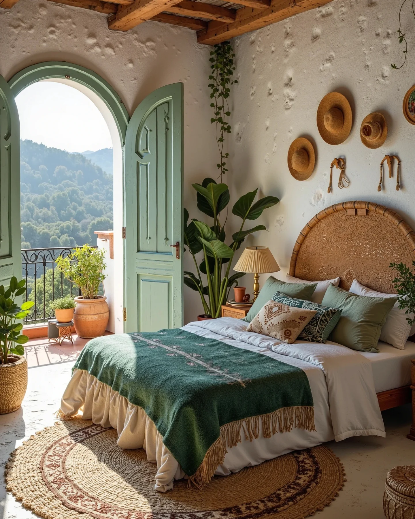 Boho Bedroom Ideas for Teens: Rattan headboard and straw hats.