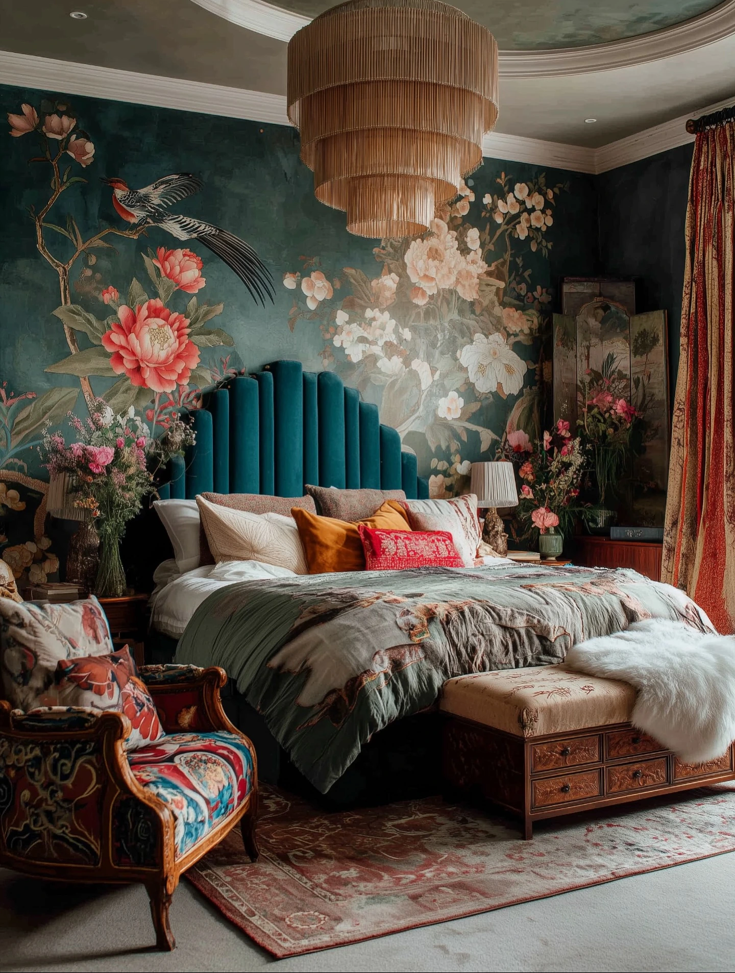 Boho Bedroom Ideas for Teens: A floral wall and velvet headboard.