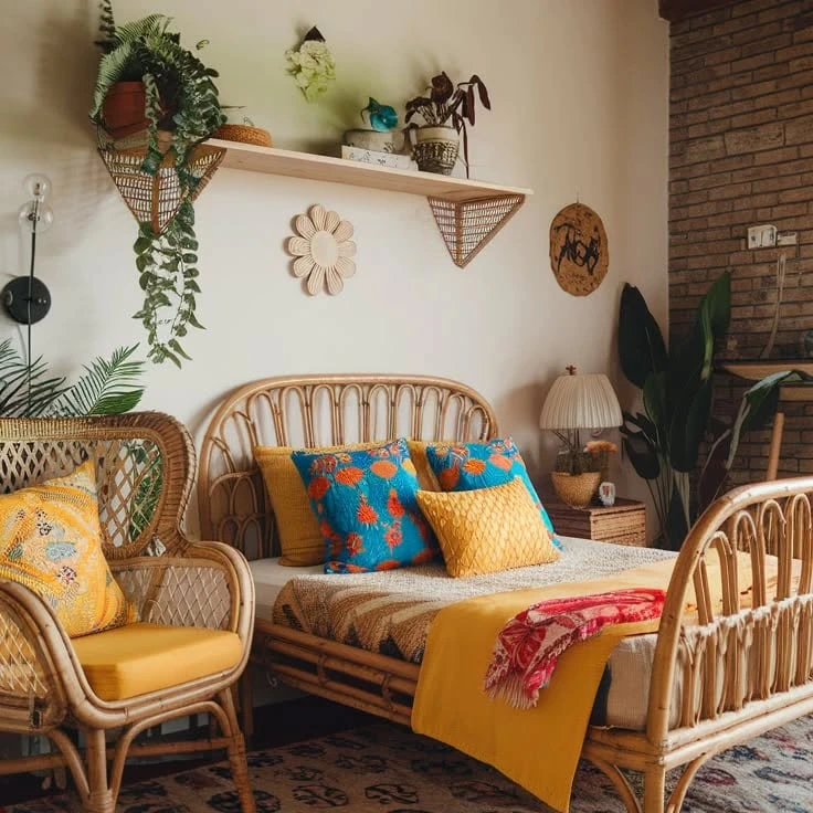 Boho Bedroom Ideas for Teens: Rattan furniture and yellow pillows.