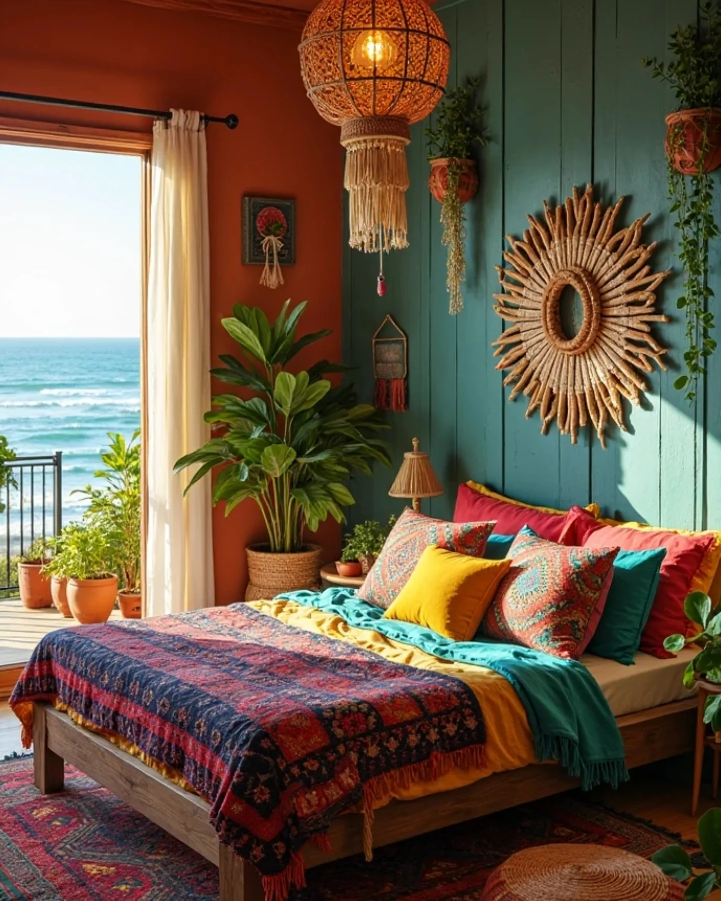 Boho Bedroom Ideas for Teens: Teal wall, orange bedspread, and a sun mirror.