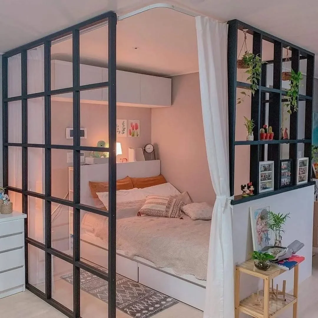 Bedroom with glass partition wall