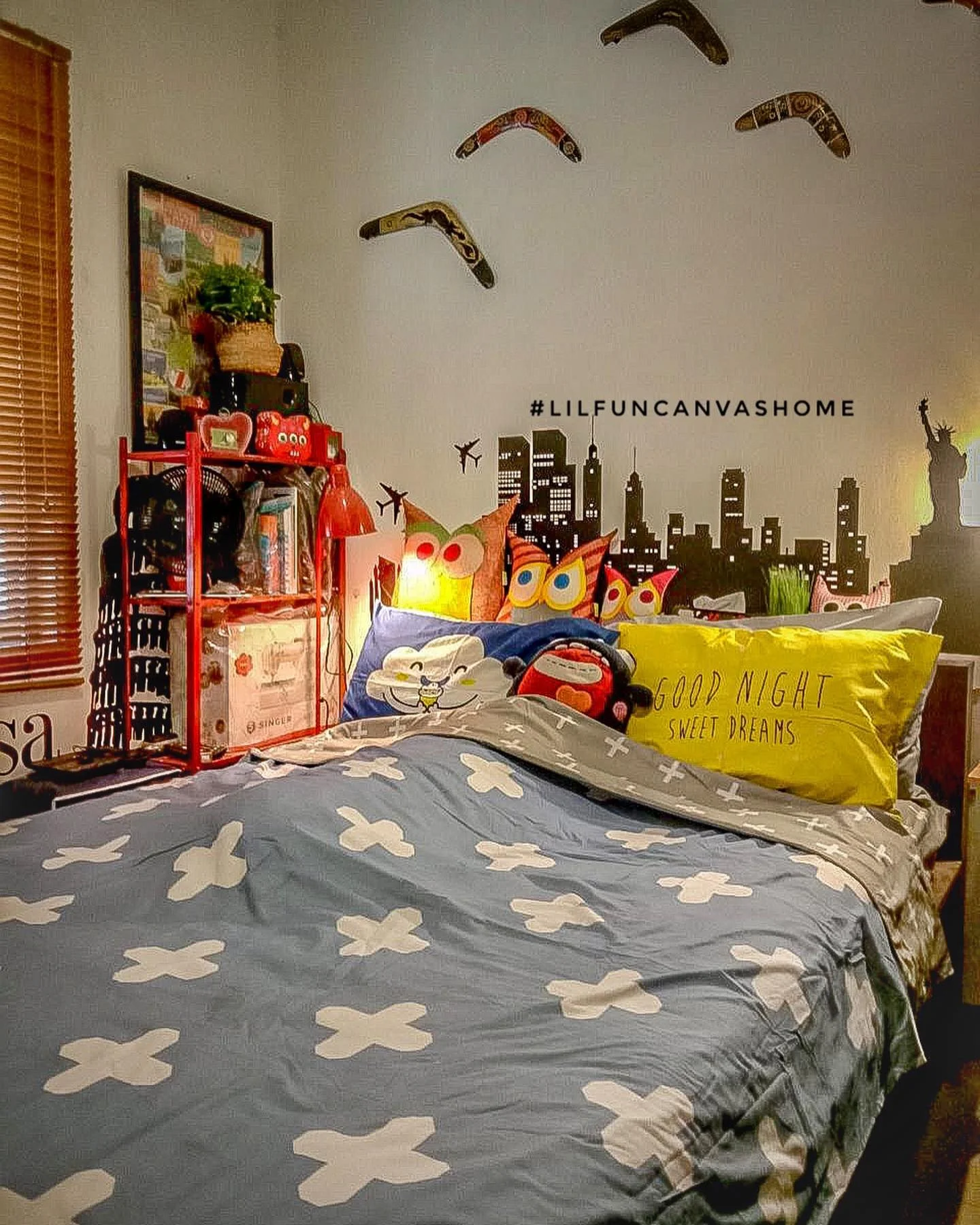 Urban-themed bedroom with mural