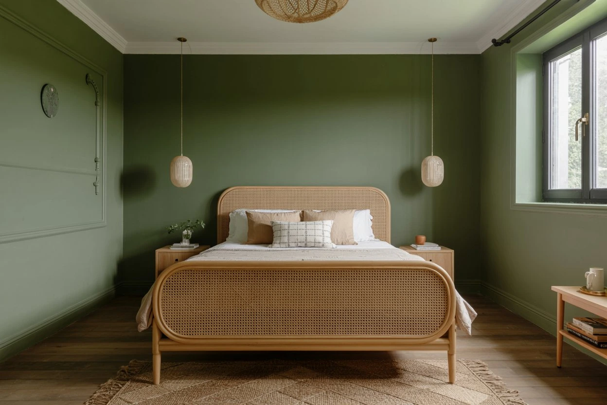 Forest green bedroom walls with rattan bed.