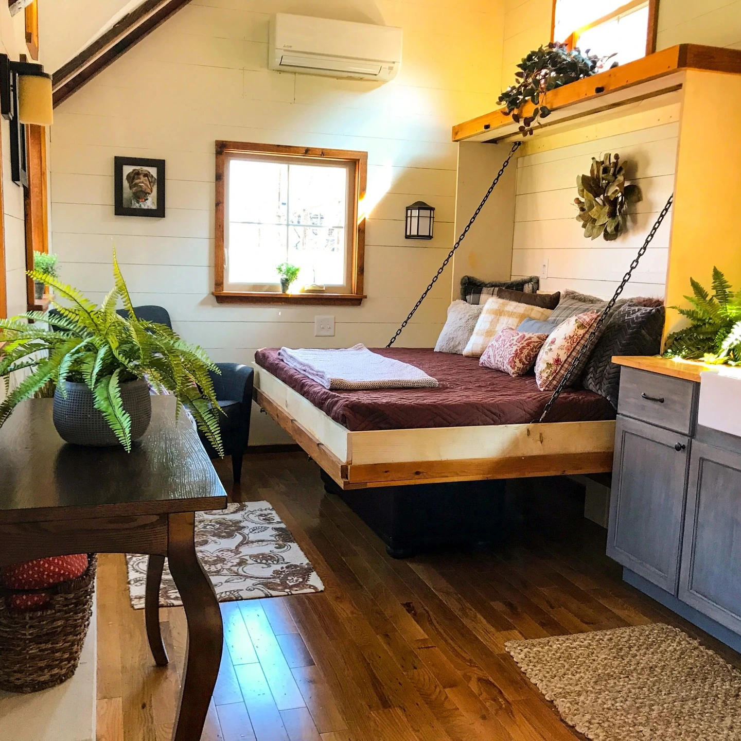 Bed with a dreamy sheer fabric canopy.
