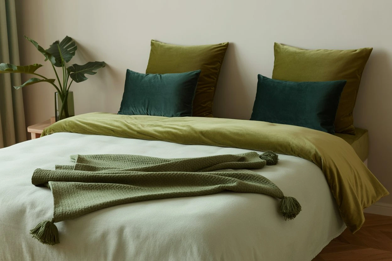 Layered green boho bedding with monochrome tones.