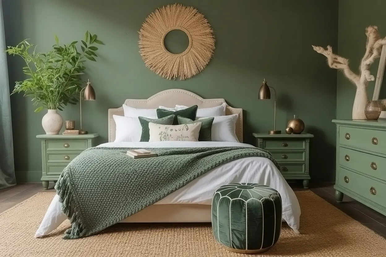 Sage green painted nightstands and dresser in a bedroom.