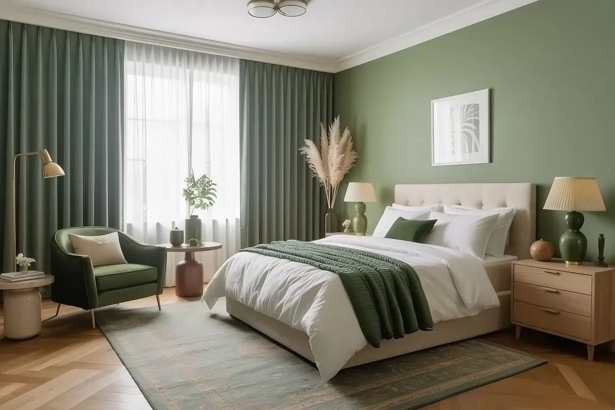 Green curtains, rug, and armchair in a boho bedroom.