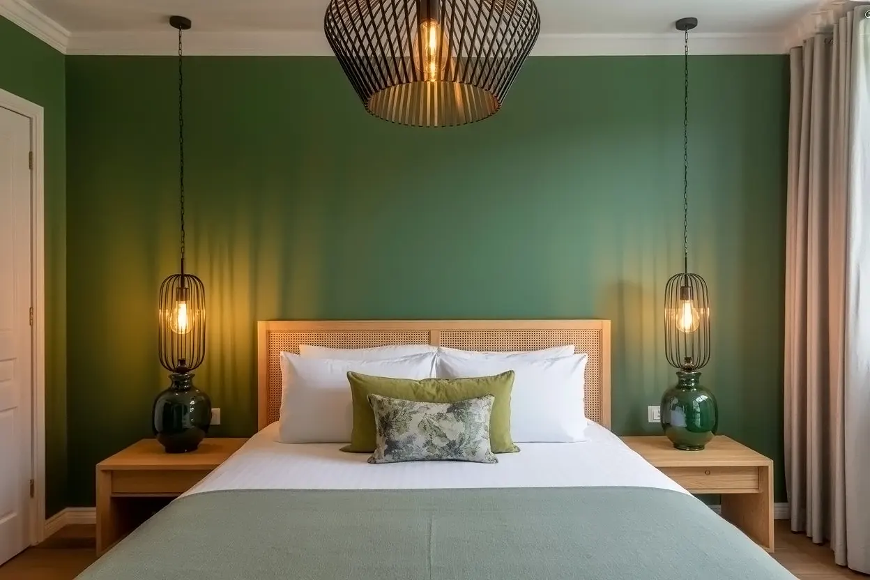 Green pendant light fixtures over nightstands.