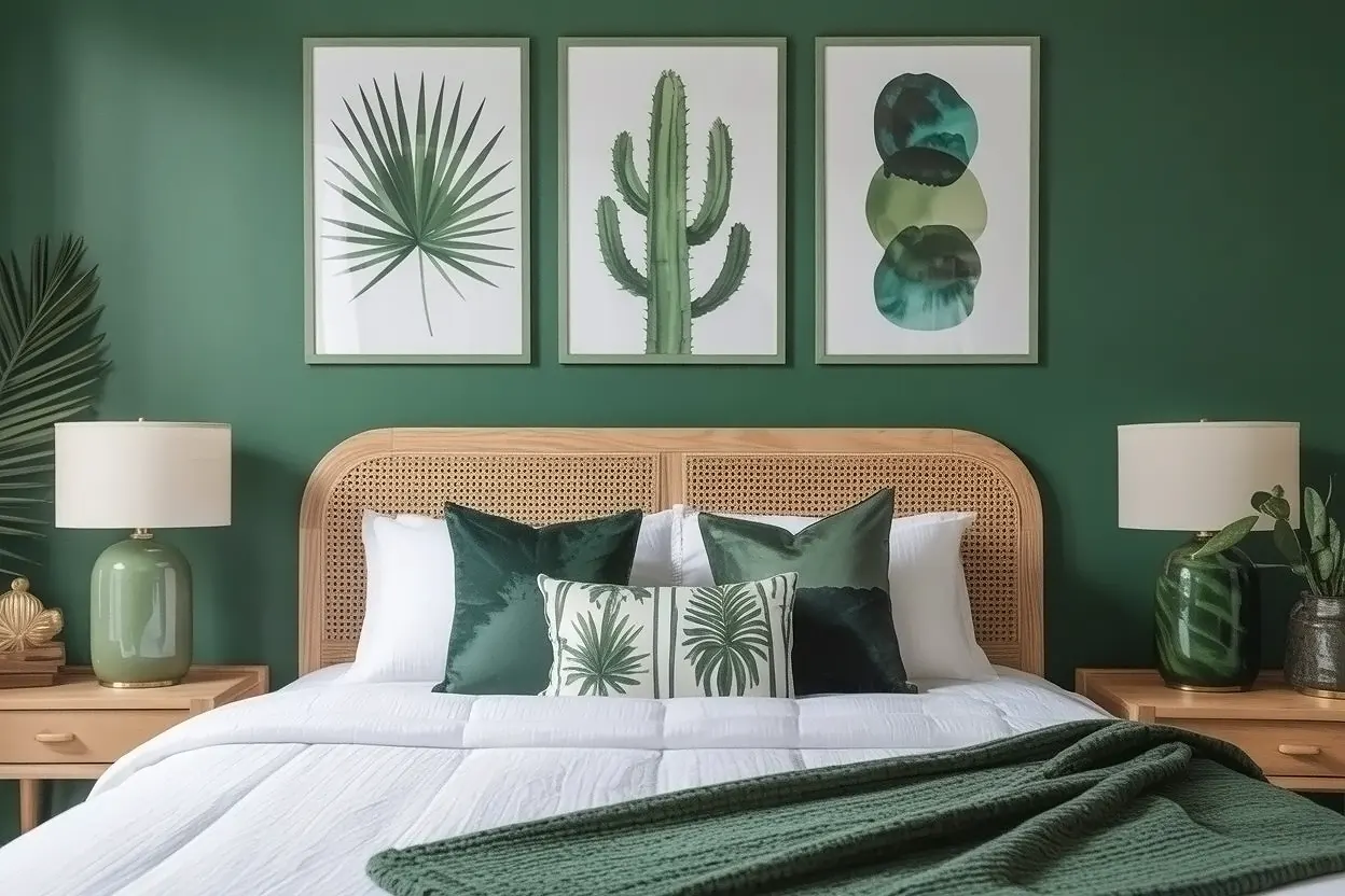 Gallery wall with three green botanical art prints.
