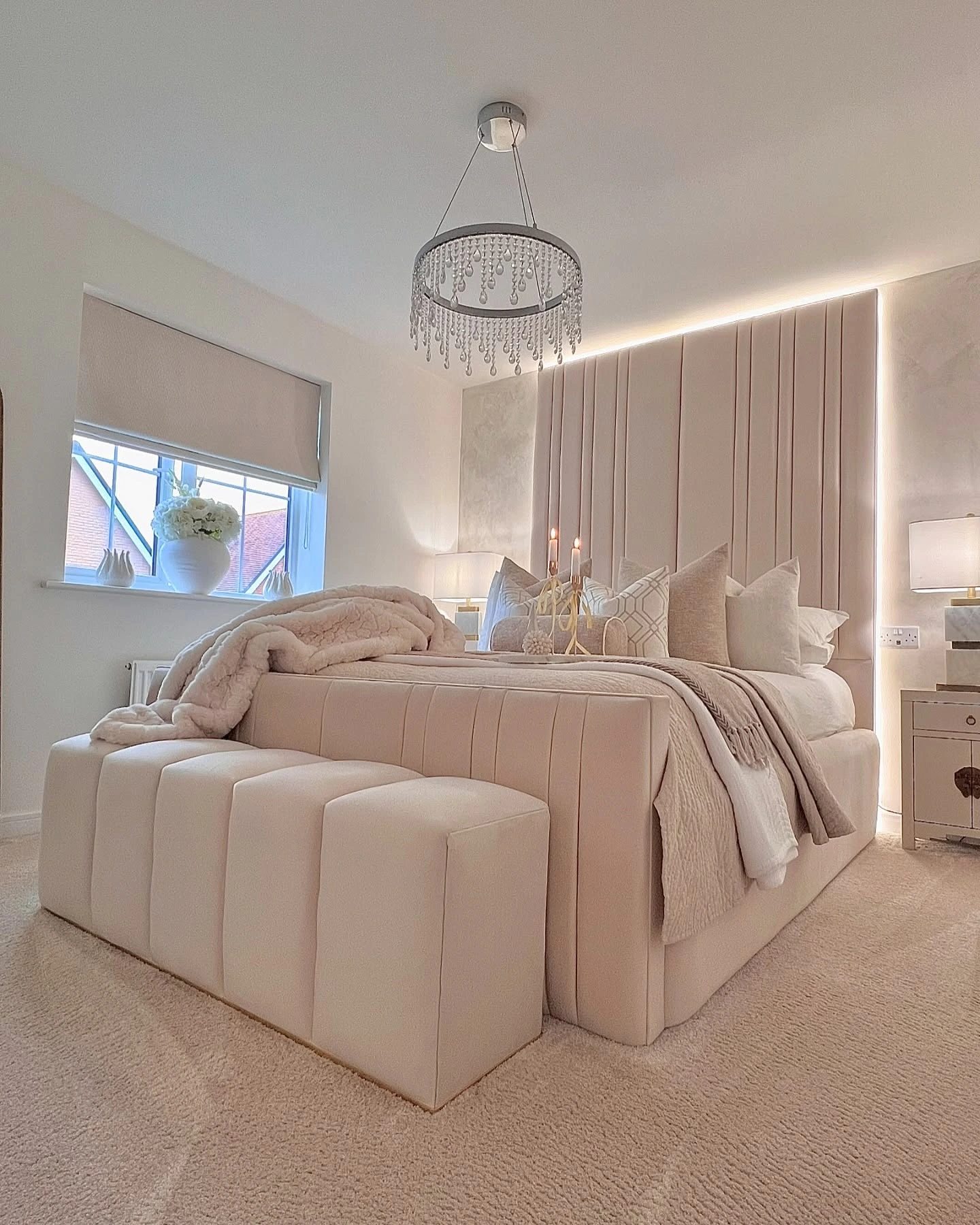 Plush pink modern bedroom luxury with LED headboard