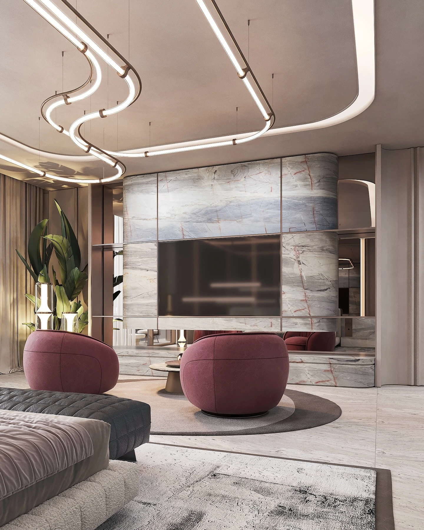 Futuristic modern bedroom luxury with curved lighting