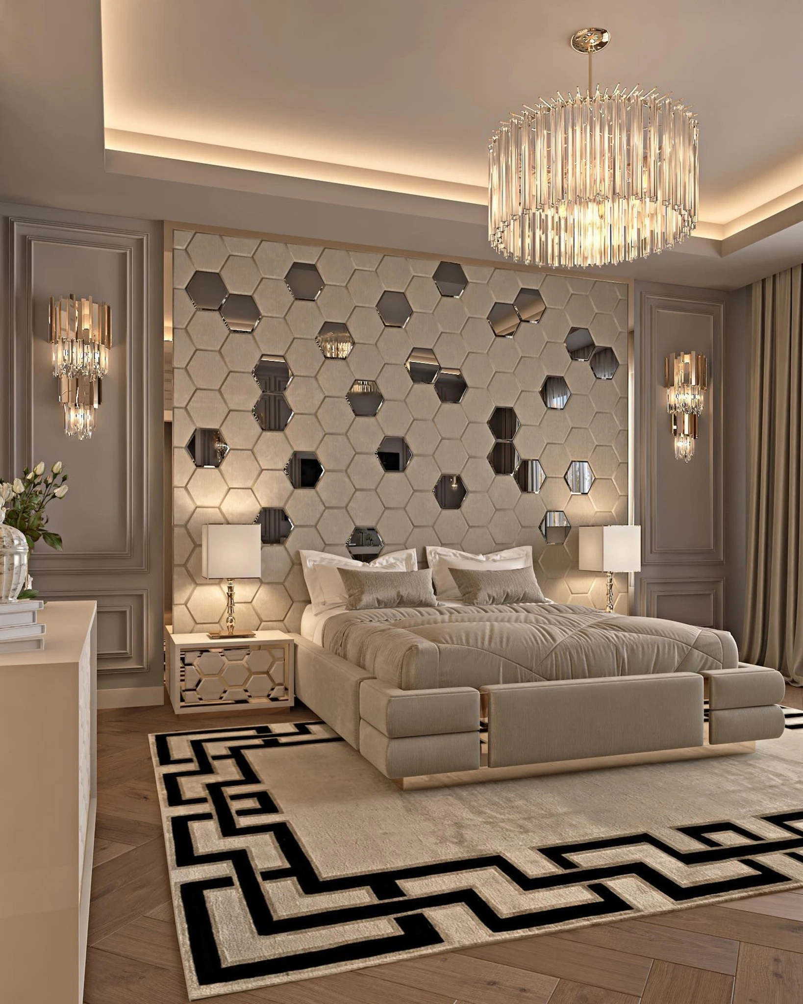 Geometric modern bedroom luxury with hexagon wall