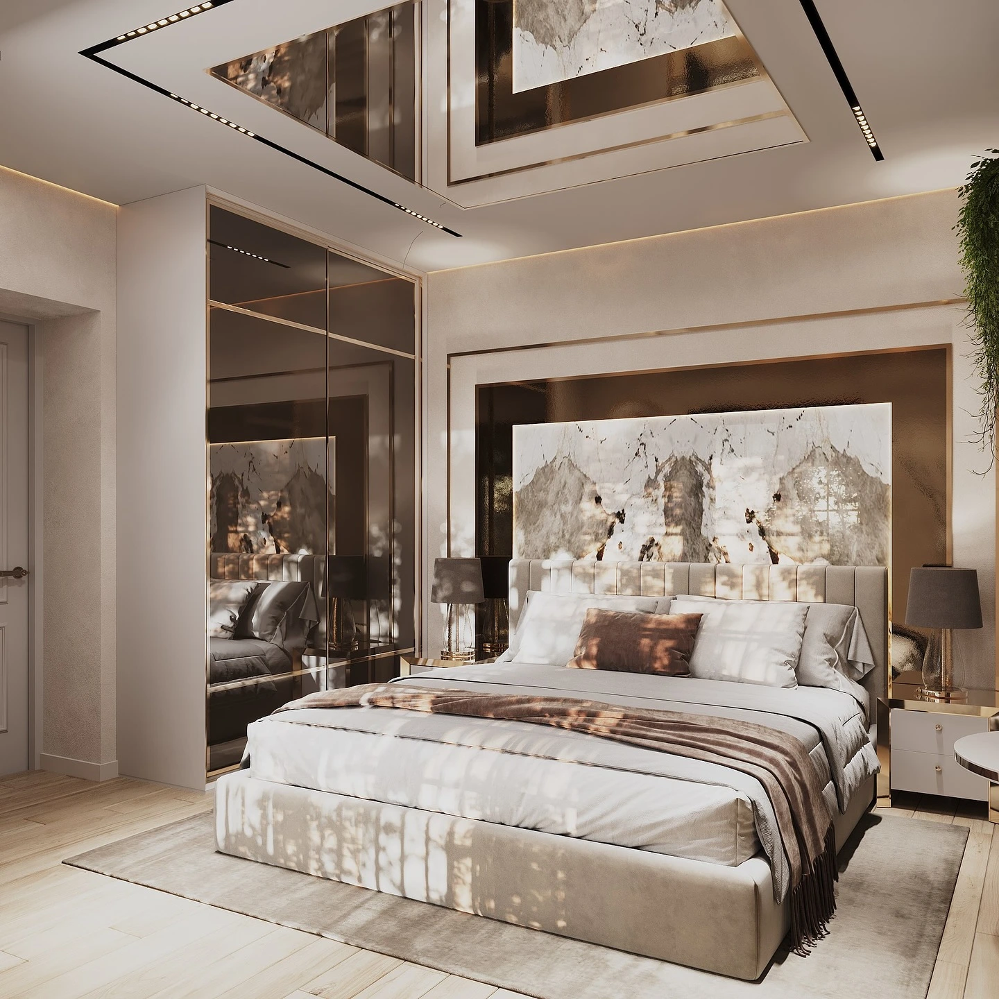 Sleek modern bedroom luxury with integrated TV wall