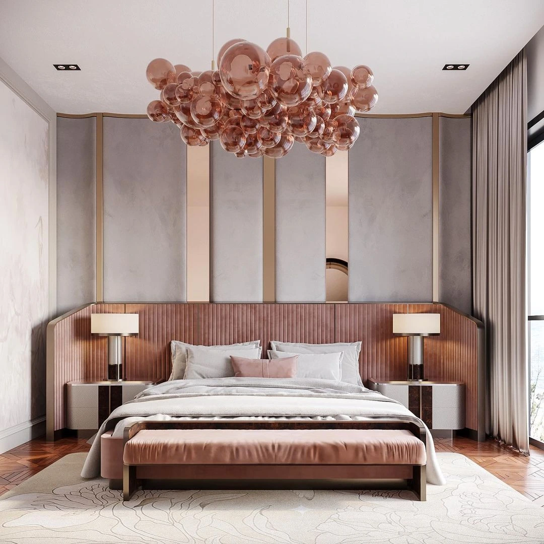 Blush pink modern bedroom luxury with bubble chandelier