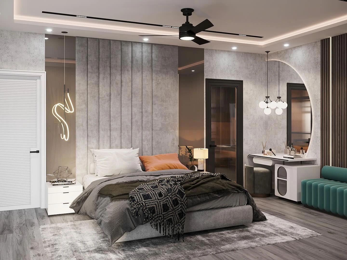 Calm modern bedroom luxury with lake view