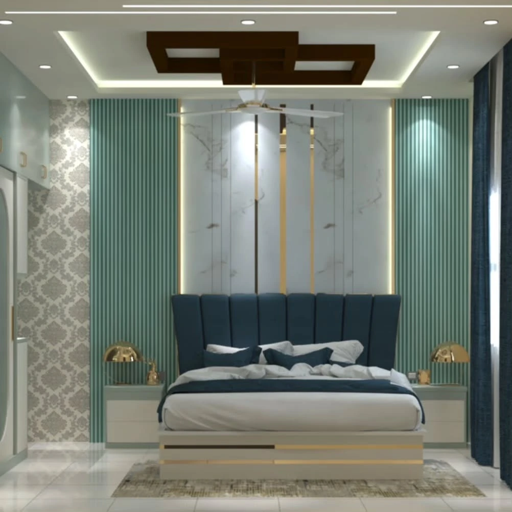 Teal and gold modern bedroom luxury with fluted panels