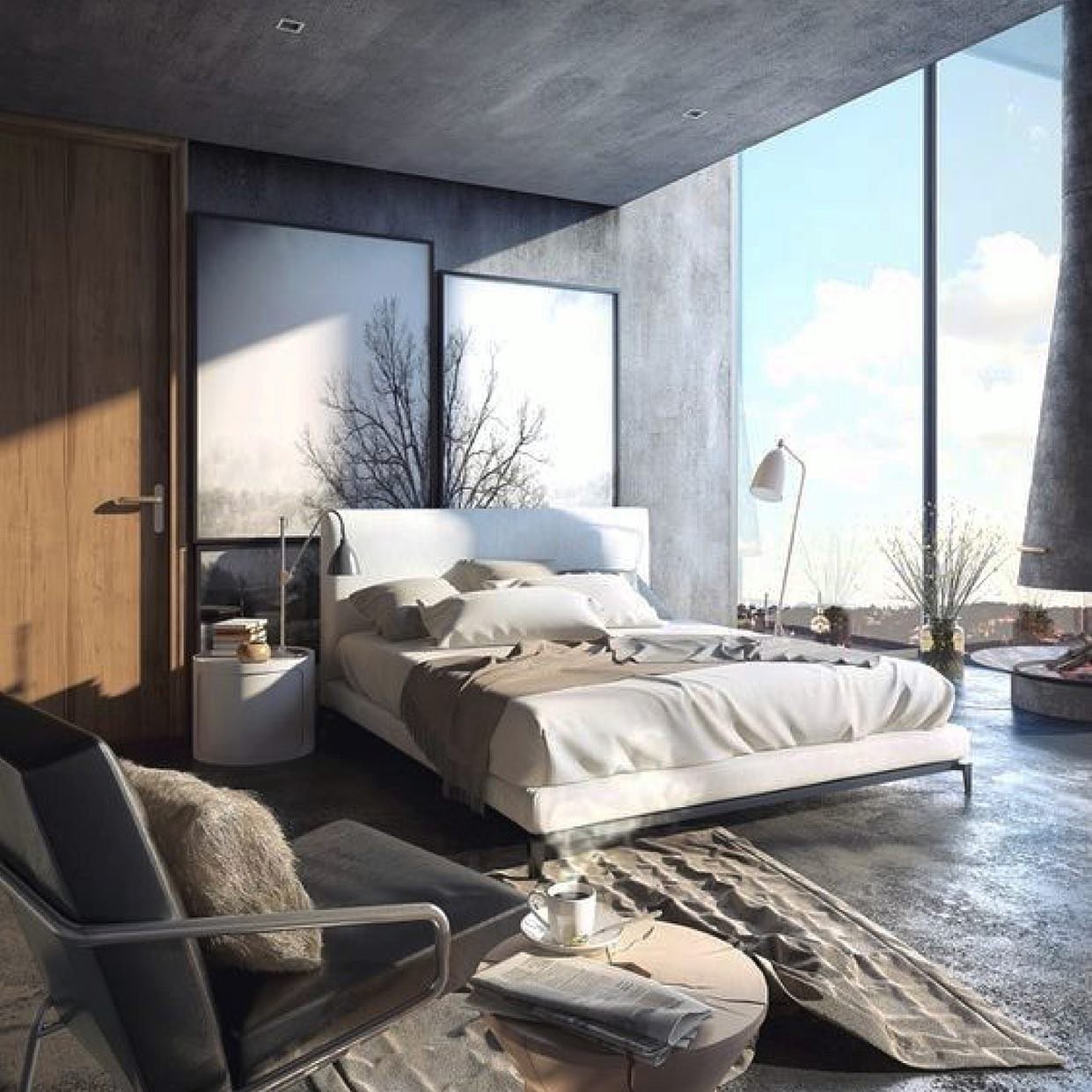 Raw concrete bedroom