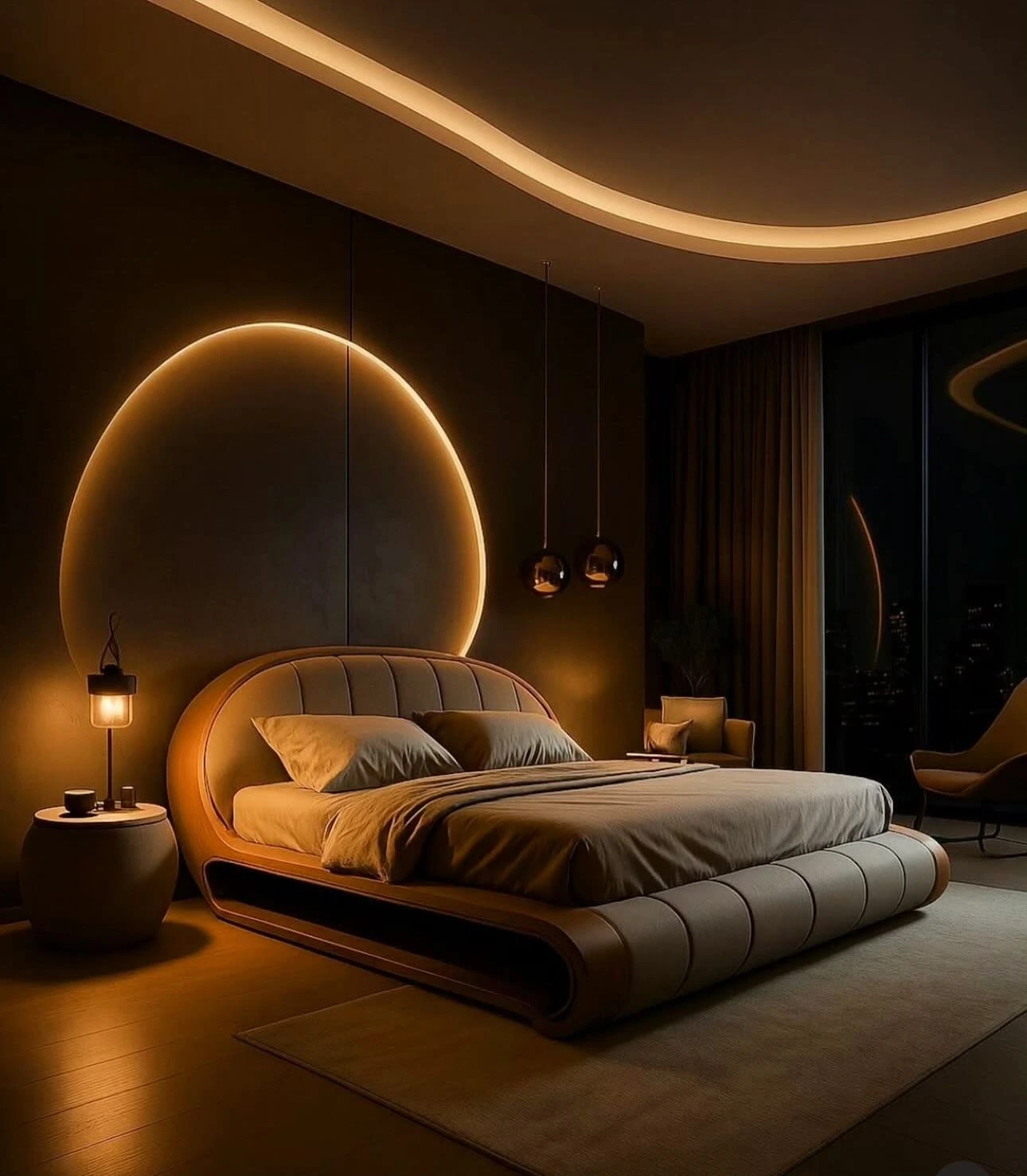 Luminous circular headboard light in small bedroom.  