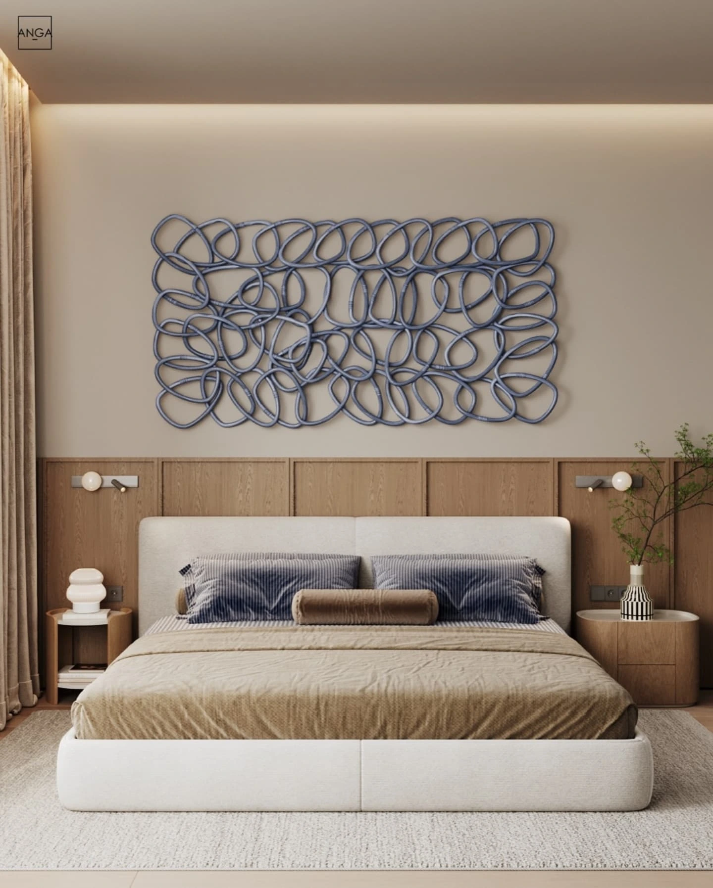 Small bedroom featuring textured art piece over bed.