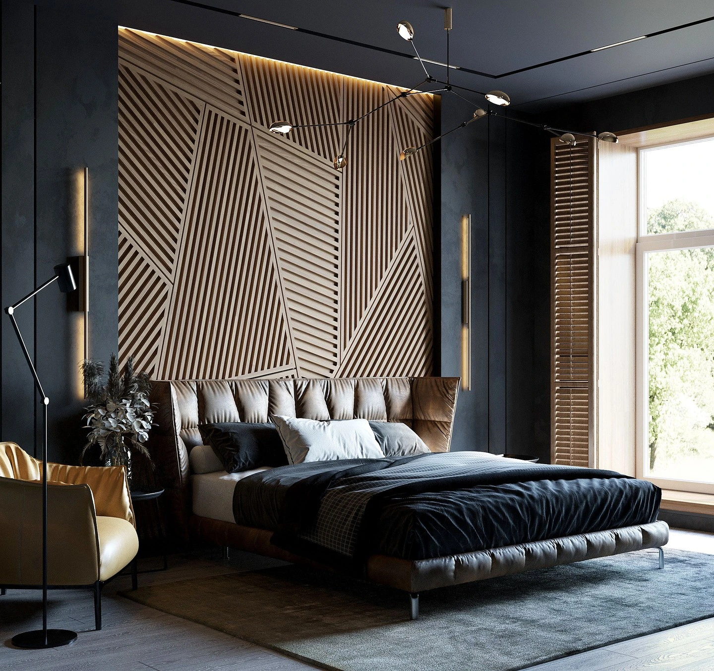 Small bedroom with geometric wood accent wall.  