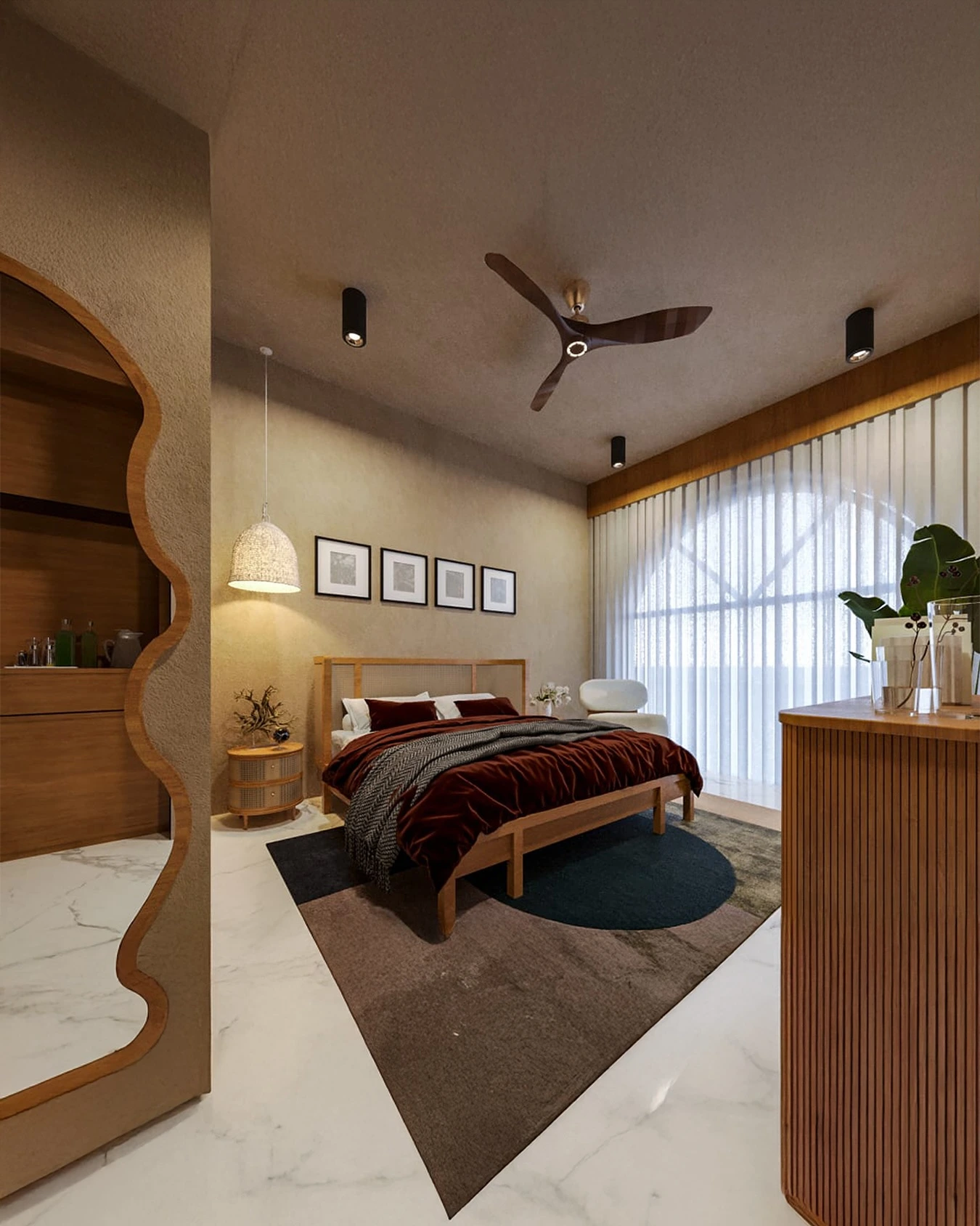 Cozy bedroom with warm wood bed and rich burgundy bedding.
