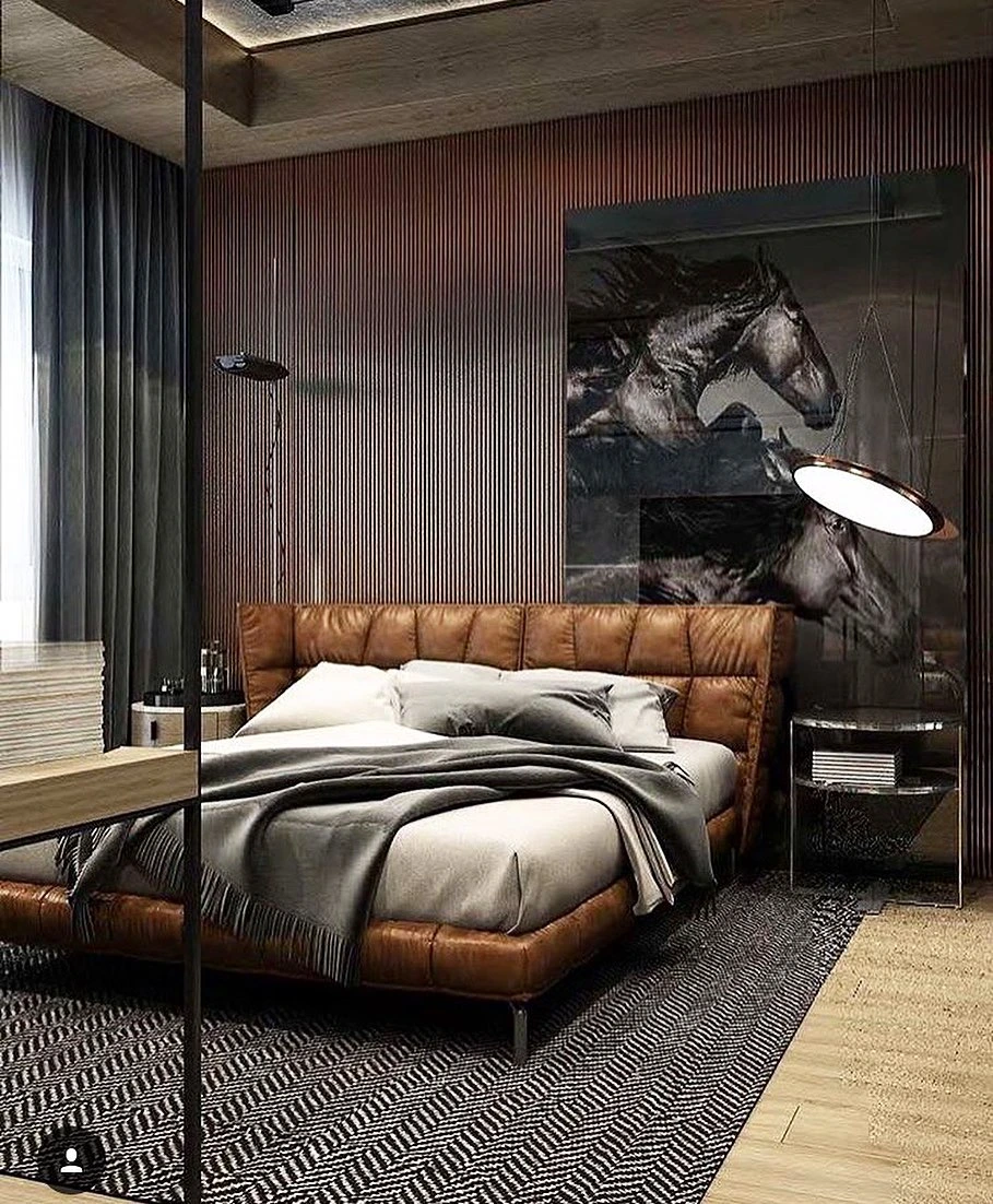 Bold masculine bedroom with wood paneling