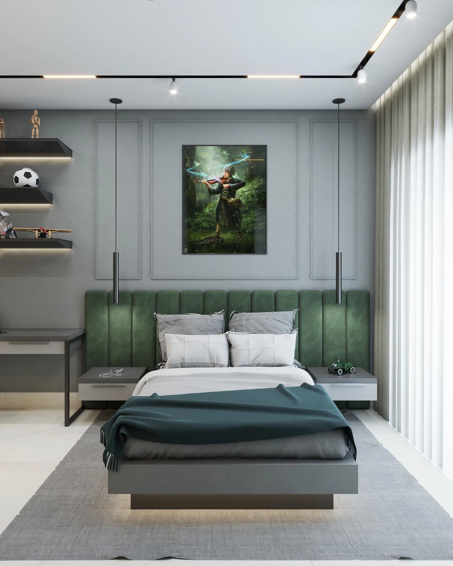 Modern gray bedroom with green headboard