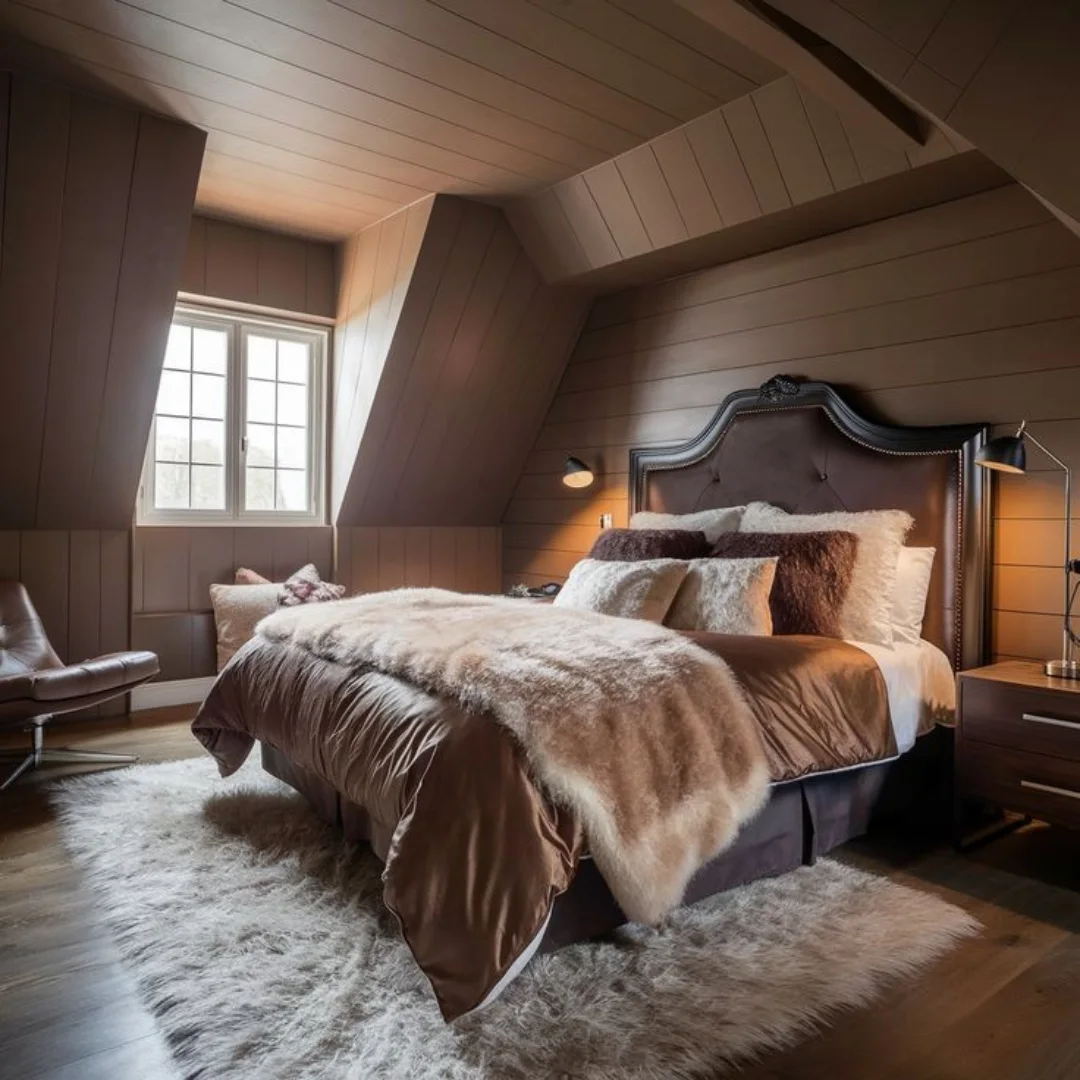 Cozy brown bedroom with sloped ceiling