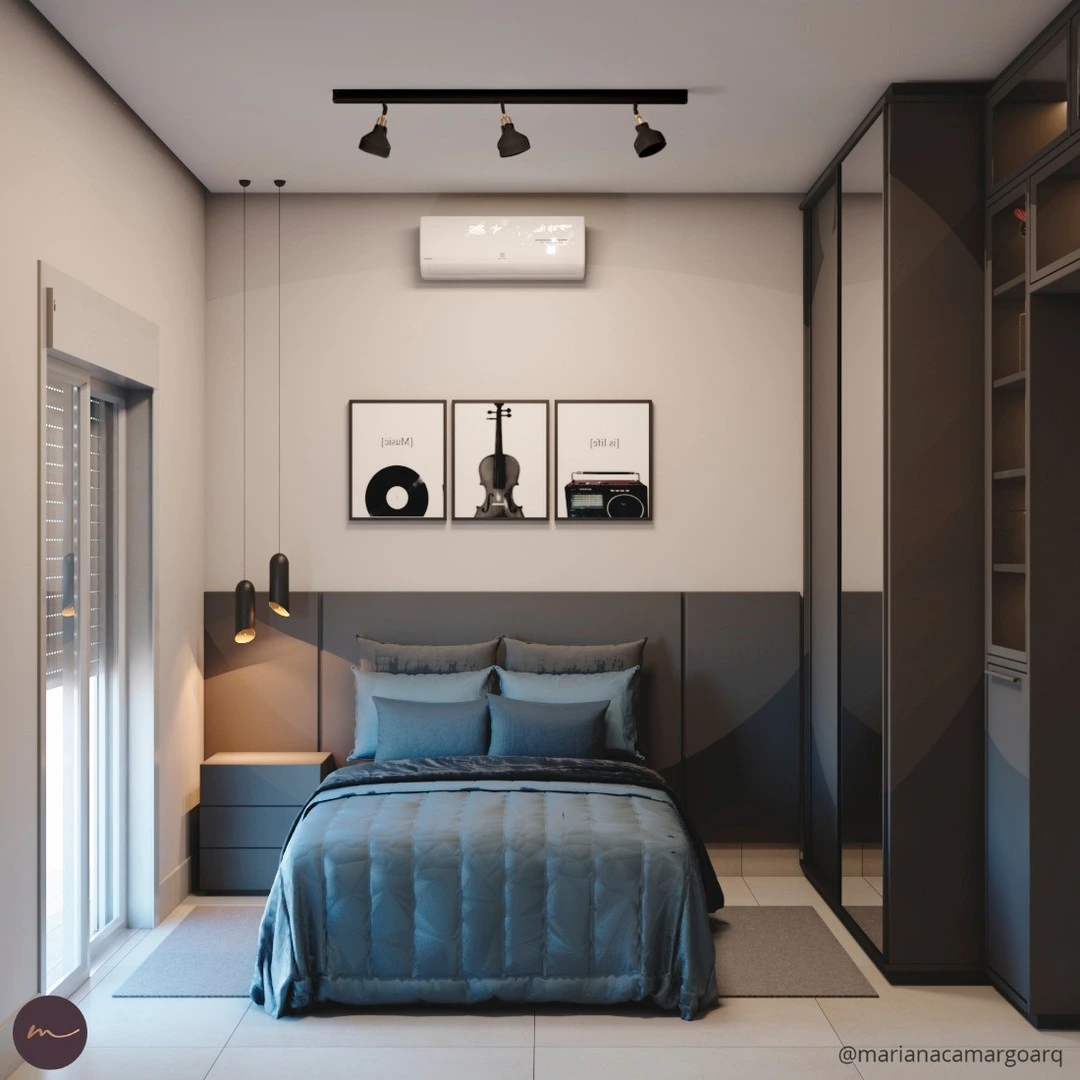 Gray and blue bedroom with built-in storage