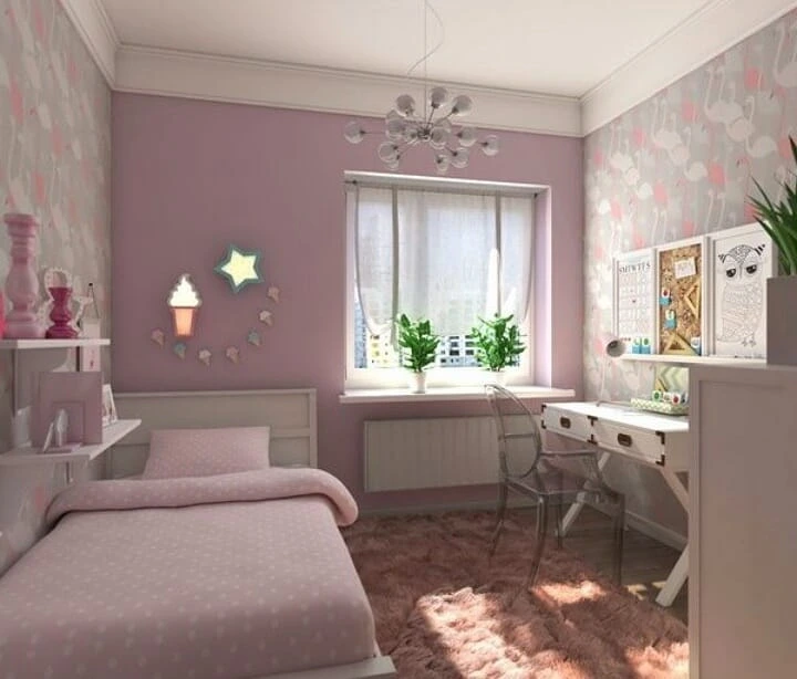 Bedroom with pink walls and star decals.  