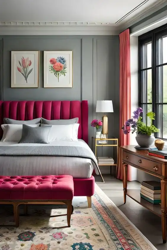 Small Bedroom Color Ideas: Fuchsia bed with gray wall