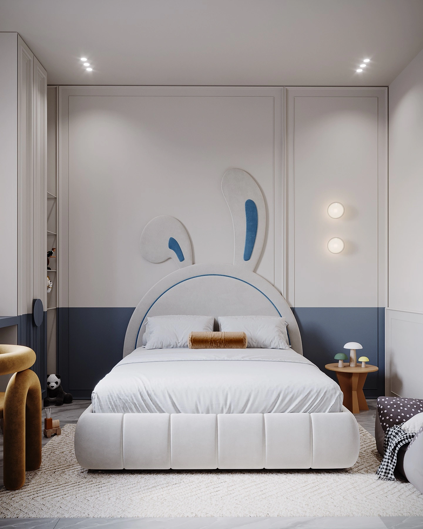 Small Bedroom Color Ideas: Two-tone pastel blue and white wall in kid's room