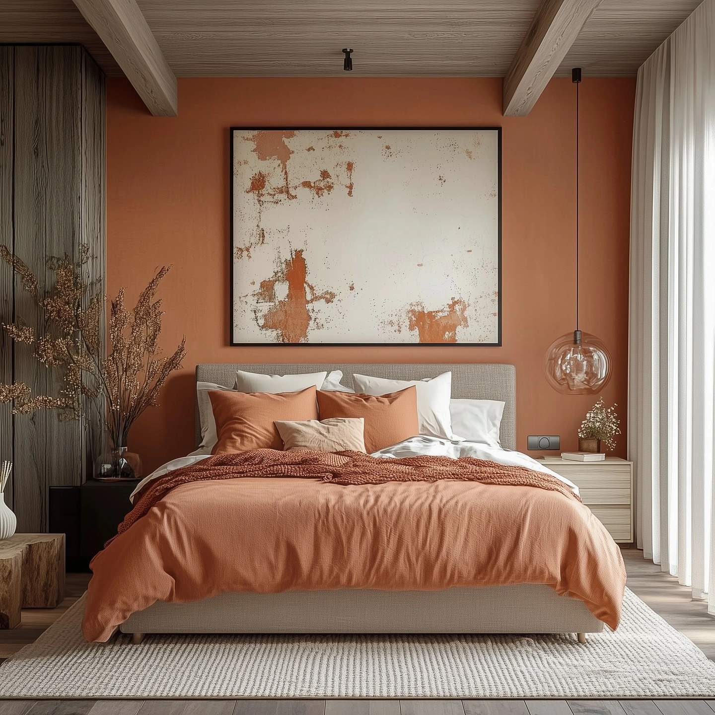 mall Bedroom Color Ideas: Terracotta wall with wood accents