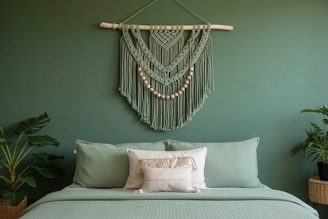 Green macramé wall hanging above a bed.