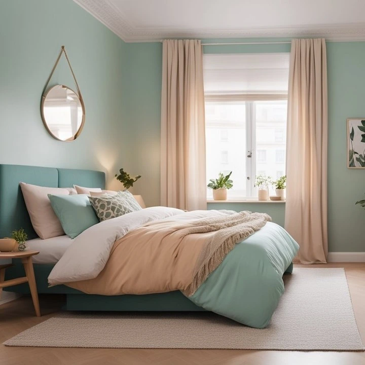 Mint green bedroom with teal bed, round mirror, and plants.
