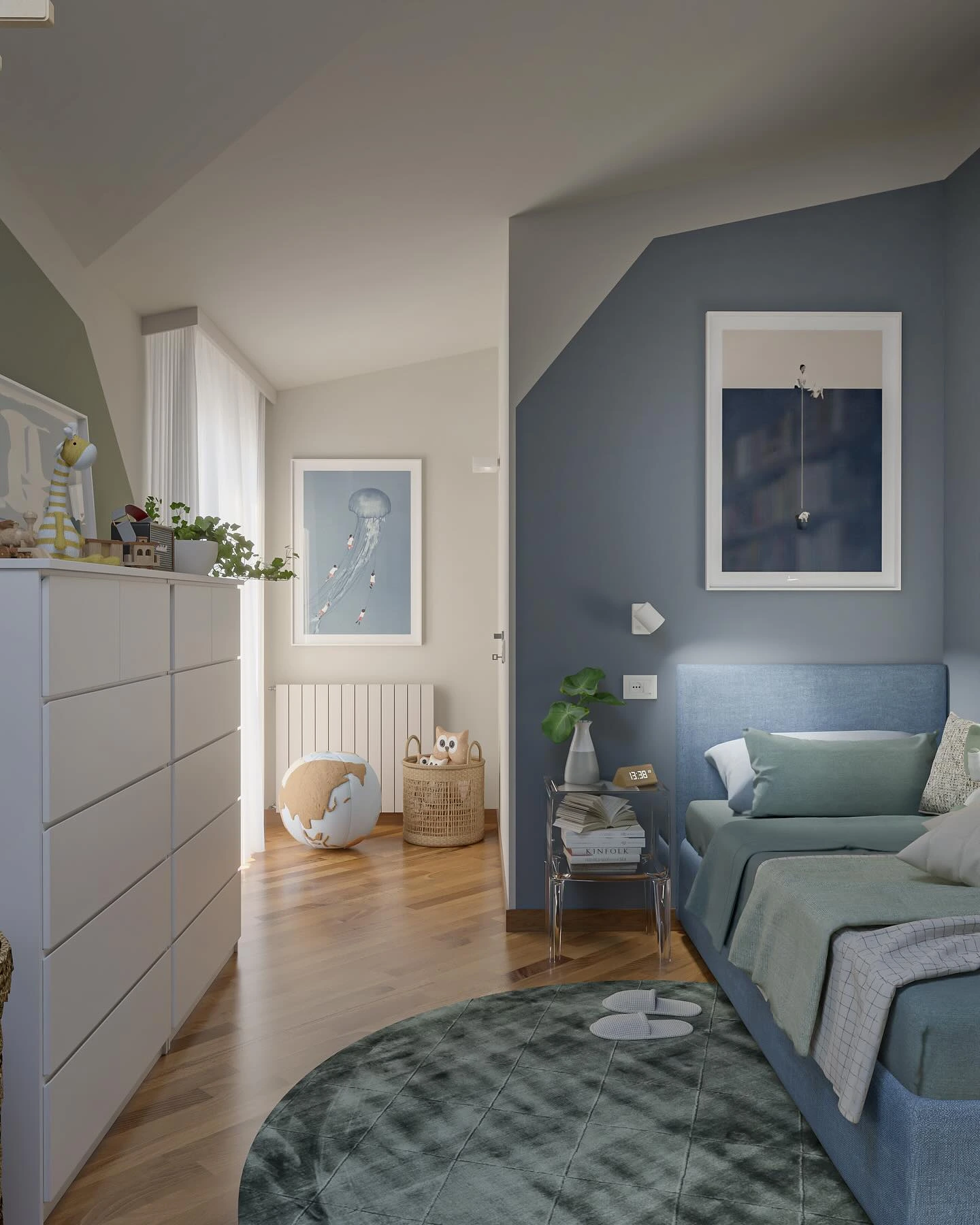 White bedroom with striped headboard, chandelier, and sheer curtains.