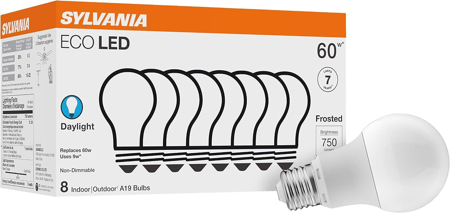7 Best Brand LED Light Bulbs: Features & Buyer's Guide 8 Sylvania ECO LED A19 Light Bulb, 60W Equivalent, 750 Lumens, Daylight 5000K - 8 Pack