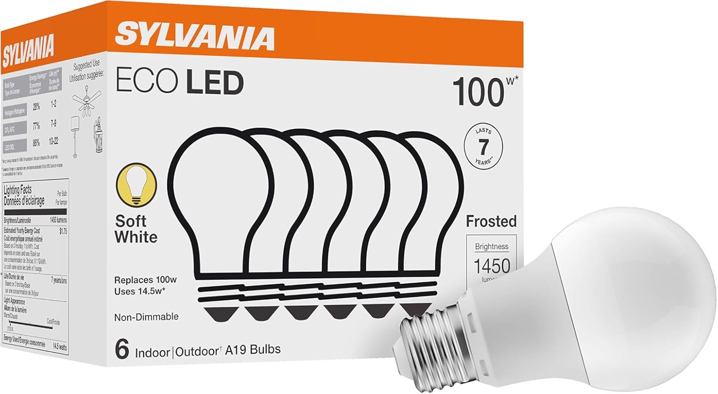 8 Best LED Light Bulbs for Outdoors: Buyer's Guide 6 Sylvania ECO LED A19 Light Bulb, 100W Equivalent, 14.5W Efficient, Soft White 2700K (6 Pack)