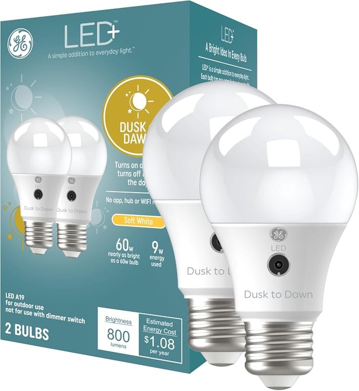 10 Best Light Bulbs for Outdoor Fixtures Worth Buying 5 GE LED+ A19 Dusk to Dawn LED Light Bulbs, Automatic On/Off for Outdoor Security, Soft White (2 Pack)