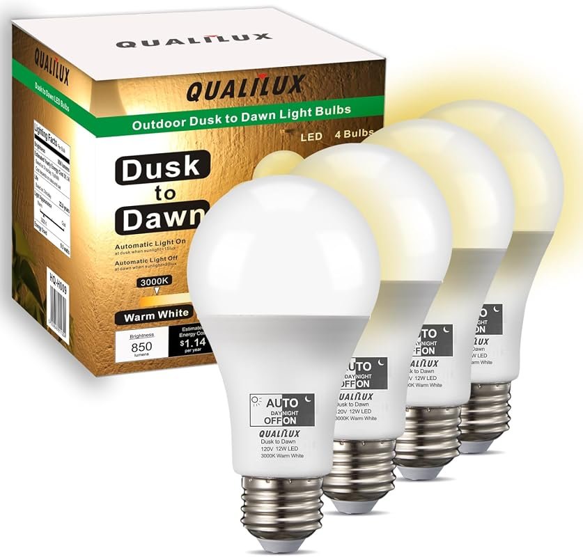 10 Best Light Bulb for Front Porch: Features & Buyer's Guide 7 Qualilux A19 LED Bulbs, 4-Pack 3000K Warm White, Automatic On/Off, 850 Lumen, Energy Efficient